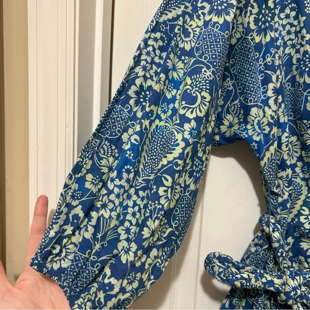 RHODE Floral Print Dress Blue Cream Feminine Ruffle Cotton Beach Vacation Sz Med